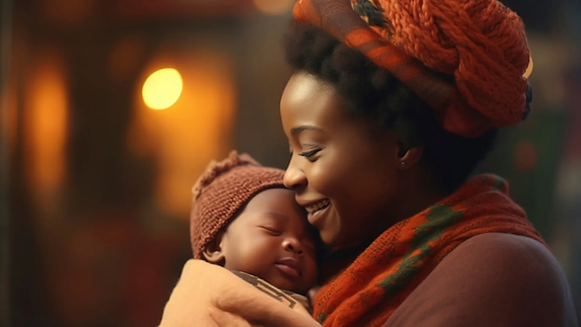 A mother in a warm terracotta headwrap cradling her newborn, the heart of Grace Maternal Foundation's work.